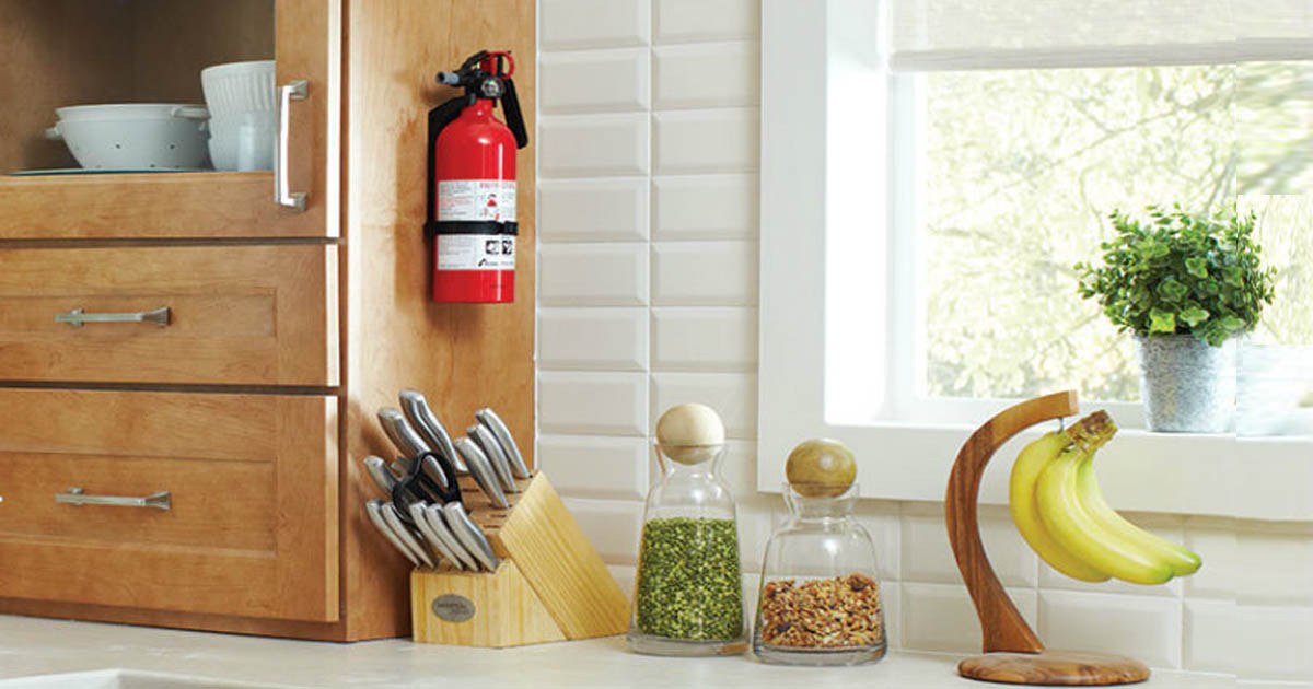 fire extinguisher hanging in kitchen